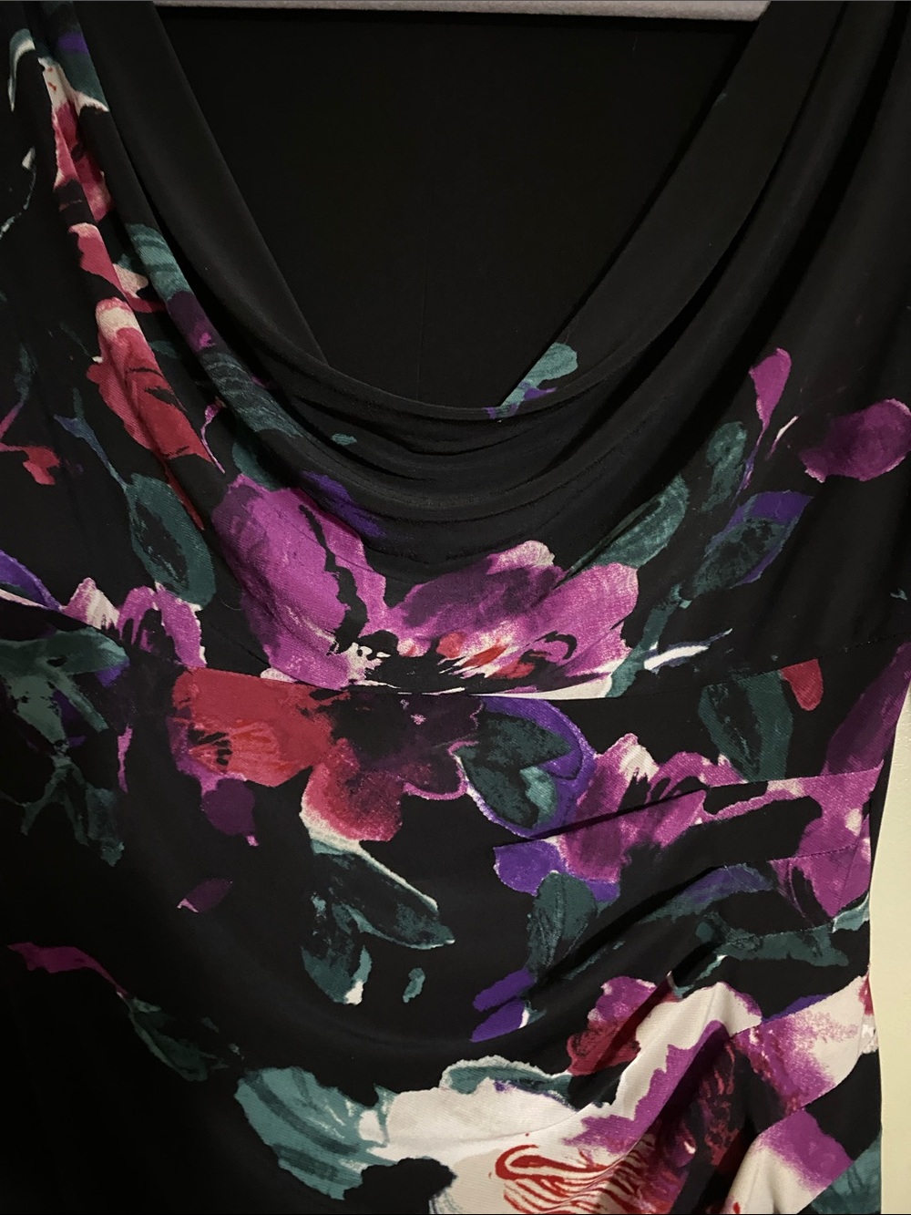 Ralph Lauren Black Floral Cowl-Neck Midi Dress with Purple & Teal Accents - Picture 3 of 5